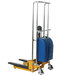 A blue and yellow Wesco Industrial Products electric fork lift with black accents.