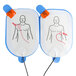 A white package containing two blue Defibtech adult electrode pads with images of a man on them.