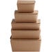 A stack of brown Fold-Pak paper take-out boxes.