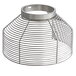 A silver metal bowl guard with a handle and wire mesh.