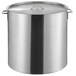 A large silver aluminum stock pot with a lid.