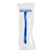 A blue twin blade disposable razor in clear plastic packaging.