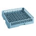 A blue plastic dish rack with metal rods and holes.