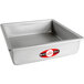 A silver rectangular Fat Daddio's cake pan with straight sides and a red label.