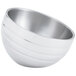A silver Vollrath double wall metal serving bowl with a white background.