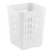A white plastic warewashing rack cutlery holder with a square shape and vertical slotted sides.
