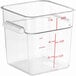 A clear plastic Vigor food storage container with red measurements on it.