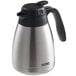 A silver stainless steel Thermos coffee carafe with a black handle.