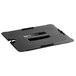 A black rectangular plastic food pan lid with a notch and handle.