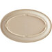 A tan oval melamine platter with a narrow rim.