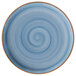 A blue porcelain coupe plate with a blue and brown spiral design.