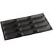 A black silicone baking tray with 12 oblong compartments.