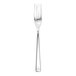 A close up of a Fortessa stainless steel salad/dessert fork with a silver handle.