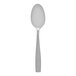 A Fortessa Ringo stainless steel dessert/spoon with a silver handle.