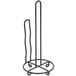 A black wrought iron paper towel holder with long thin lines and a handle.