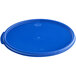 A blue plastic round lid for Vigor polypropylene food storage containers.