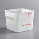 A white square Vigor polyethylene food storage container with red writing on it.