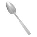 A Fortessa Catana stainless steel demitasse spoon with a silver handle on a white background.