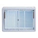 A white glass top display freezer with two doors open.