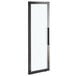 A rectangular black door with a white rectangular glass door handle.