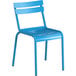 A blue powder coated aluminum chair with a white background.