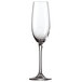 A close-up of a clear Schott Zwiesel Classico flute wine glass with a long stem.