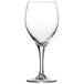 A close-up of a clear Schott Zwiesel wine glass with a short stem on a white background.