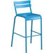 A blue powder coated aluminum outdoor barstool with a white backrest.