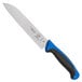 A Mercer Culinary Millennia Colors Santoku Knife with a blue handle and black blade.