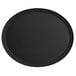 A black oval fiberglass non-skid serving tray with a black rim.