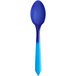 A blue spoon with a blue handle.