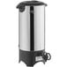 A silver stainless steel Galaxy coffee urn with a black lid.