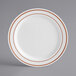 A white Visions plastic plate with rose gold bands.