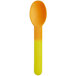 A yellow heavy weight plastic spoon with an orange tip.