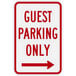 A Lavex red aluminum composite parking lot sign with white text reading "Guest Parking Only" and a right arrow pointing to the right.