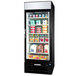 A Beverage-Air black glass door refrigerator with dairy products inside.