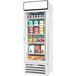 A Beverage-Air white glass door merchandiser filled with dairy products.
