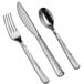 A Visions Hammersmith silver plastic cutlery set with a fork and spoon.