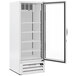 A Beverage-Air white glass door merchandiser with a stainless steel interior and a left-hinged door.