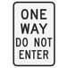 A white aluminum parking lot sign with black "One Way / Do Not Enter" text and diamond grade reflective.