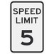 A black aluminum speed limit sign with the number 5 in black.