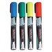 A group of Deflecto wet erase markers with three different colors and a green cap.
