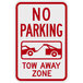 A red and white rectangular Lavex aluminum sign that says "No Parking / Tow Away Zone"