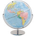 An Advantus world globe with blue oceans on a metal stand.
