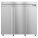 A large silver Hoshizaki reach-in refrigerator with stainless steel doors.