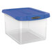 A clear plastic Bankers Box file storage bin with a blue lid.