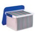 A Bankers Box heavy-duty plastic file storage bin with a blue lid and handle.