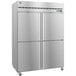 A silver Hoshizaki reach-in freezer with two solid doors and one glass door.
