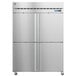 A silver Hoshizaki reach-in freezer with two half solid doors.