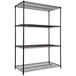 A black steel wire shelving unit with four shelves.